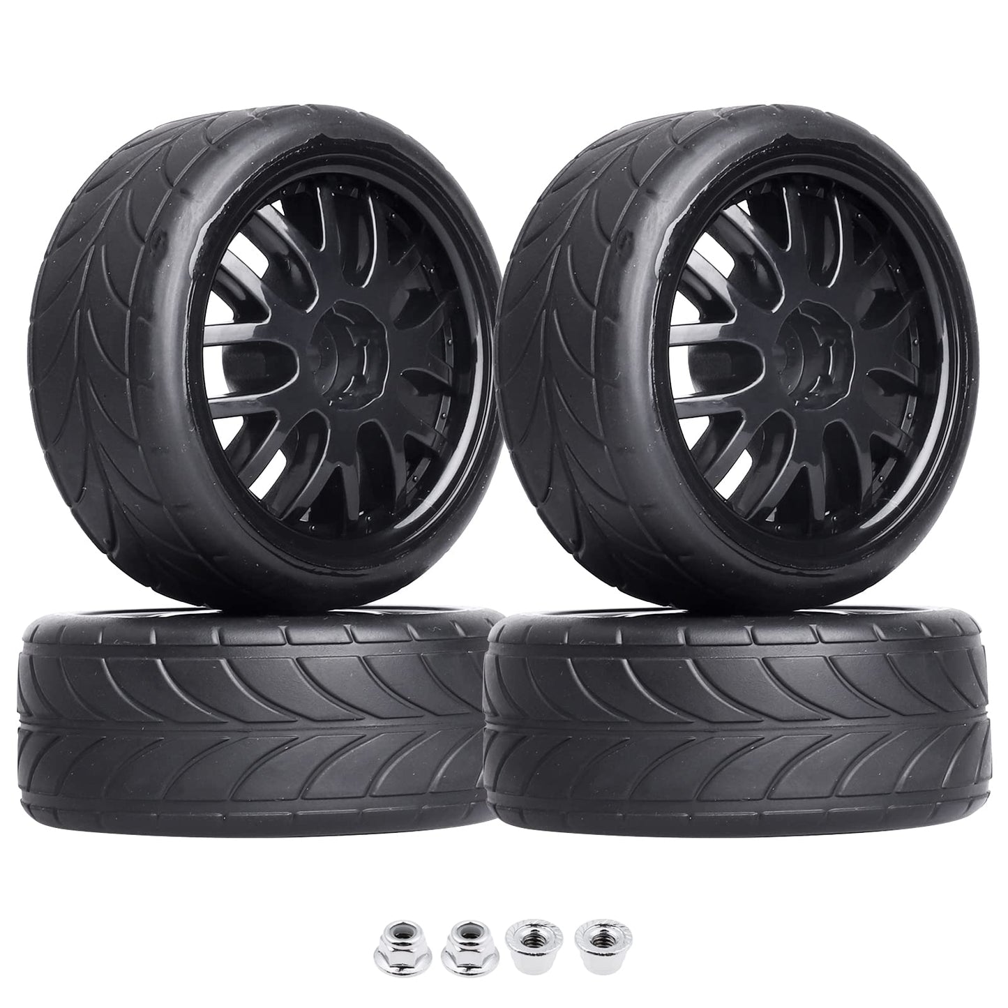 GoHobby 4PCS 1/10 RC On-Road Tires & Wheels 12mm Hex Preglued for Tamiya HSP HPI RC Racing Car