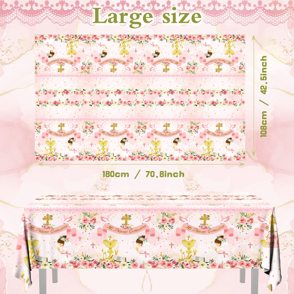 Gupesxu First Communion Decorations-3Pcs Pink Mi Primera Comunion Tablecloth Baptism Table Covers For Girl Newborn Baby Shower T