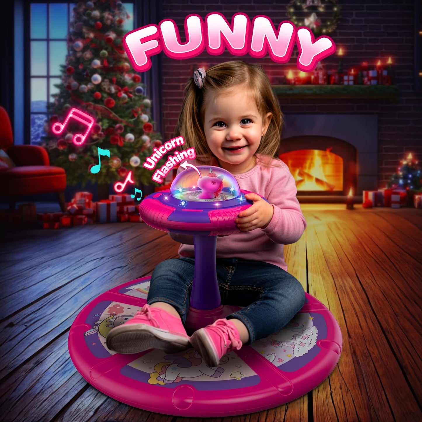 Flooyes Unicorn Sit And Spin Toys For Toddlers Girls 1 2 3 Years Old, Birthday Gifts For 2-4, With Led And Music, 360° Spin