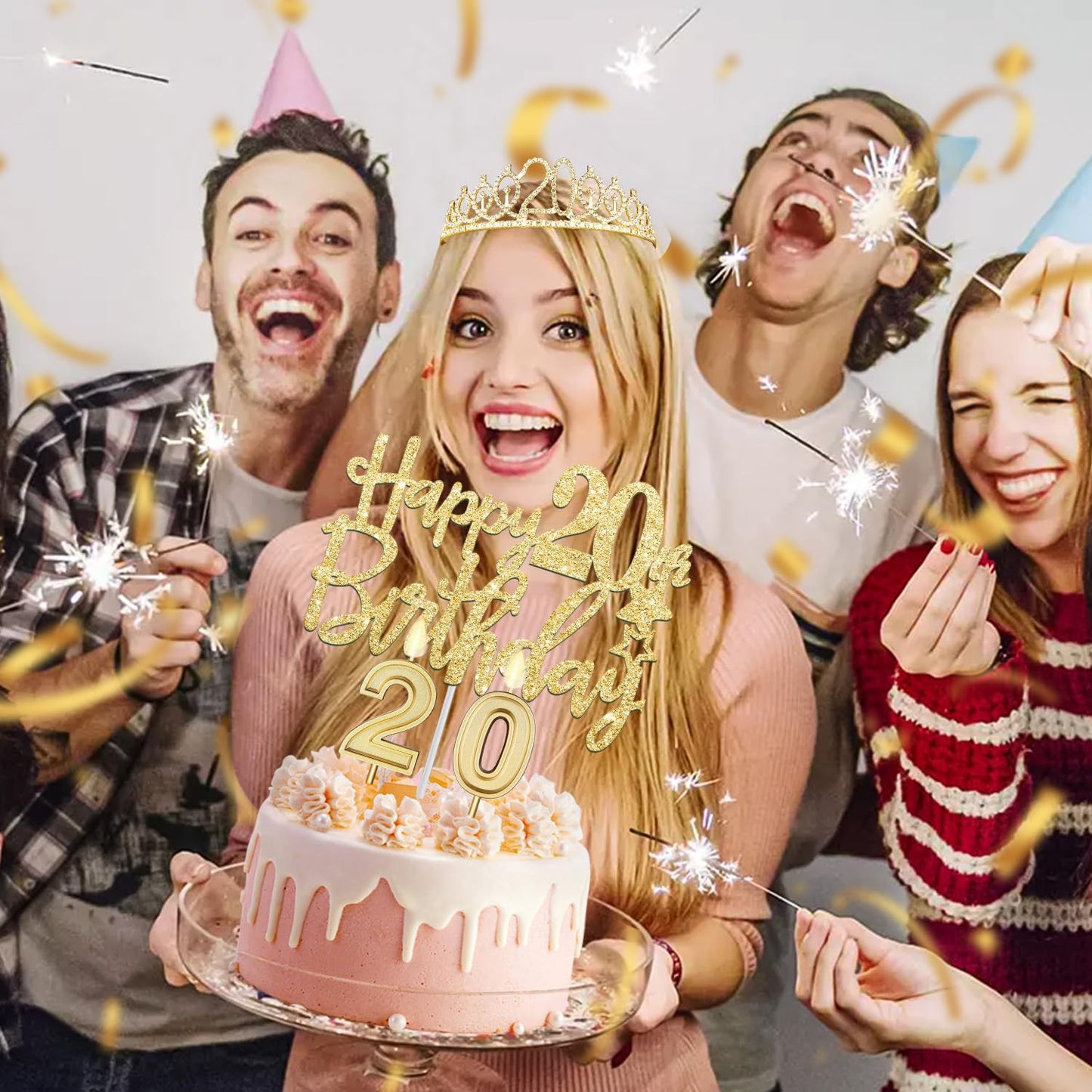 20th Birthday Decorations for Women Gold Set with 20th Birthday Tiara and Sash, 20th Birthday Cake Topper and Number 20 Candles,