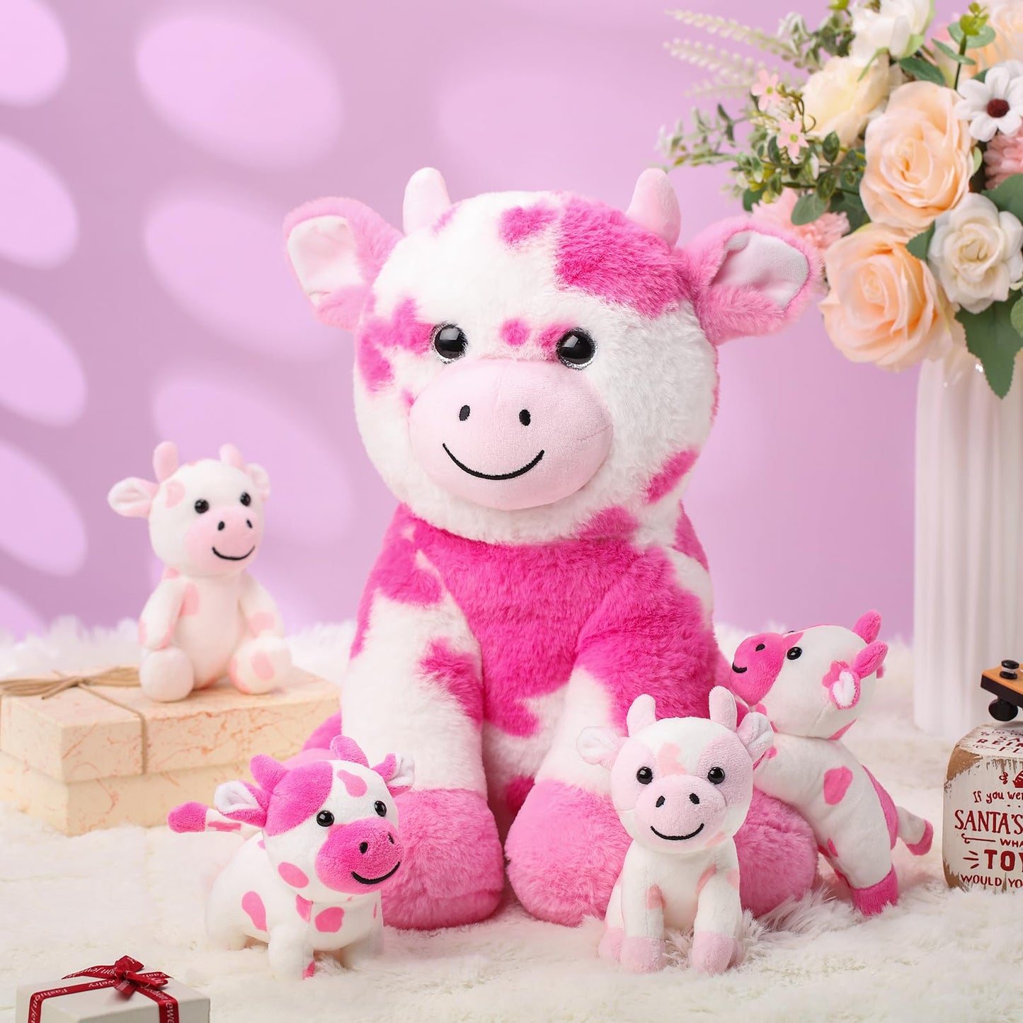 Sumind Cow Plush Animals Set - 5 Pcs, 13.78 Inch Plush Mommy Cow with 4 Cute Calves, Mainly Pink & White, Perfect for Baby Shower