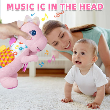 Ryotagift Baby Dino Musical Stuffed Animal - Pink Infant Tummy Time Toy with Crinkle Sound, Teether & Rattles for 0-12 Months