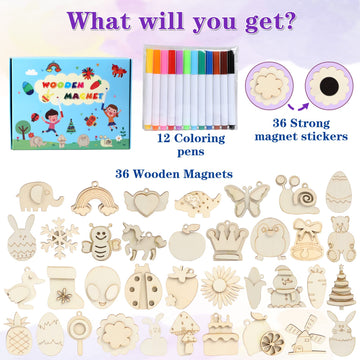 Worgree Diy Wooden Magnets, 36 Pcs Wooden Art Craft Supplies Painting Kit For Kids Party Favors For Boys Girls Ages 4-8 8-12 Bir