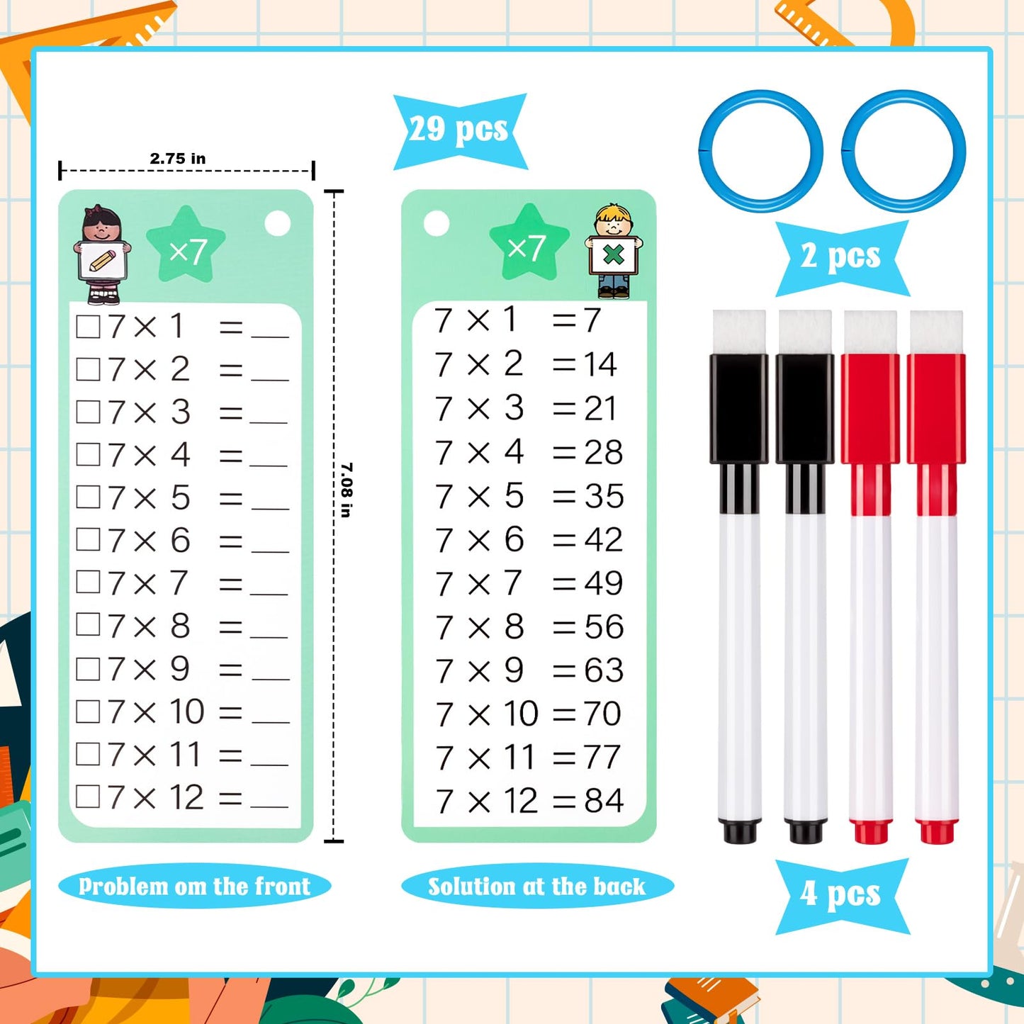 THSLSFX 29Pcs Colorful Multiplication & Division Flash Cards with 4 Dry Erase Pens - Fun Learning for 1st to 3rd Grades, 5.3x
