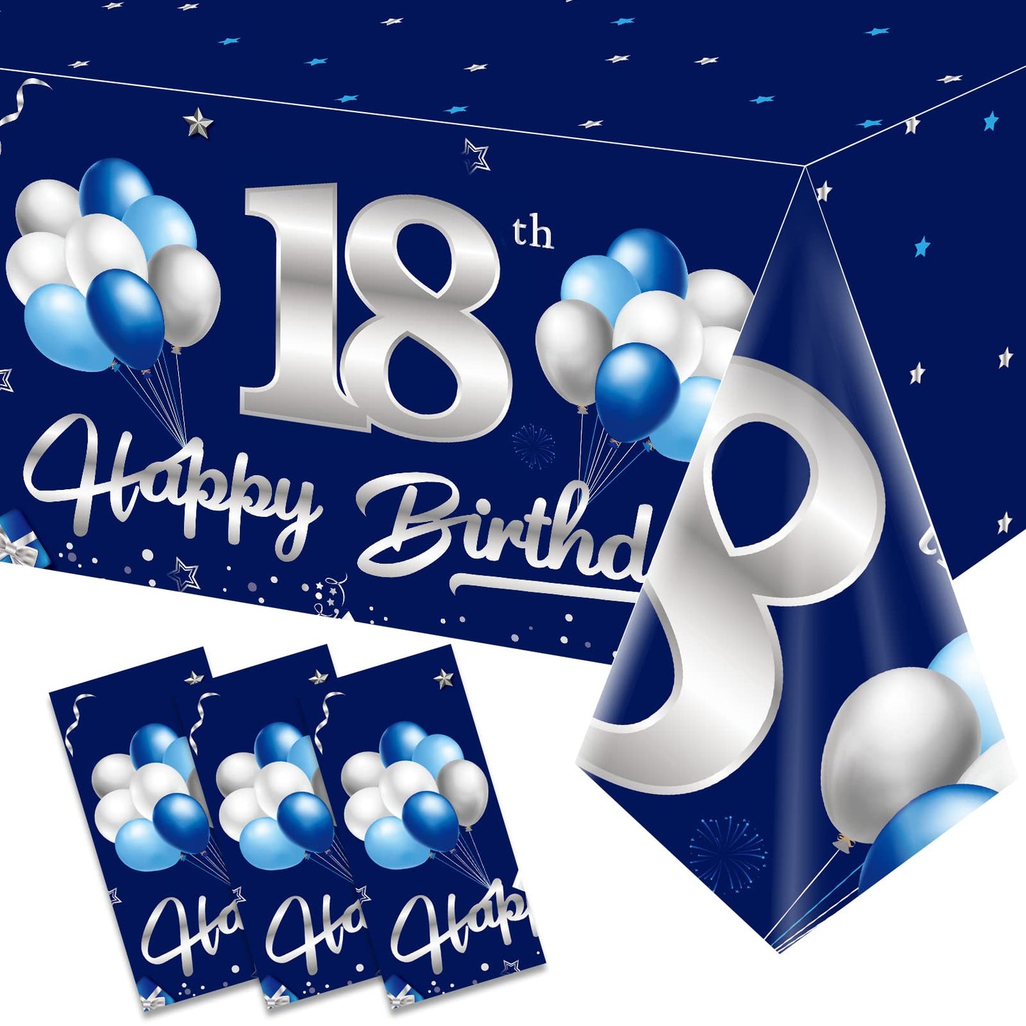 Turypaty 3 Pack Blue Silver 18Th Birthday Tablecloth Decorations For Boy, Navy Blue Happy 18 Table Cover Party Supplies, Eightee