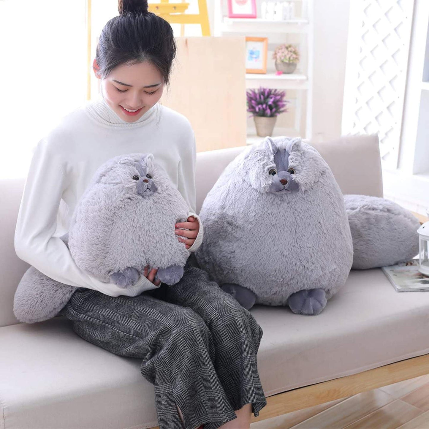 Winsterch Plush Cat Toy - 20 Inch Gray Stuffed Animal for Kids, Soft Fat Doll, Model 170107