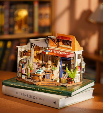 Robotime Diy Miniature House Kit Mini Corner Bookstore Tiny House Making Kit With Led Wooden Craft Diorama Kit Decorative Hobby