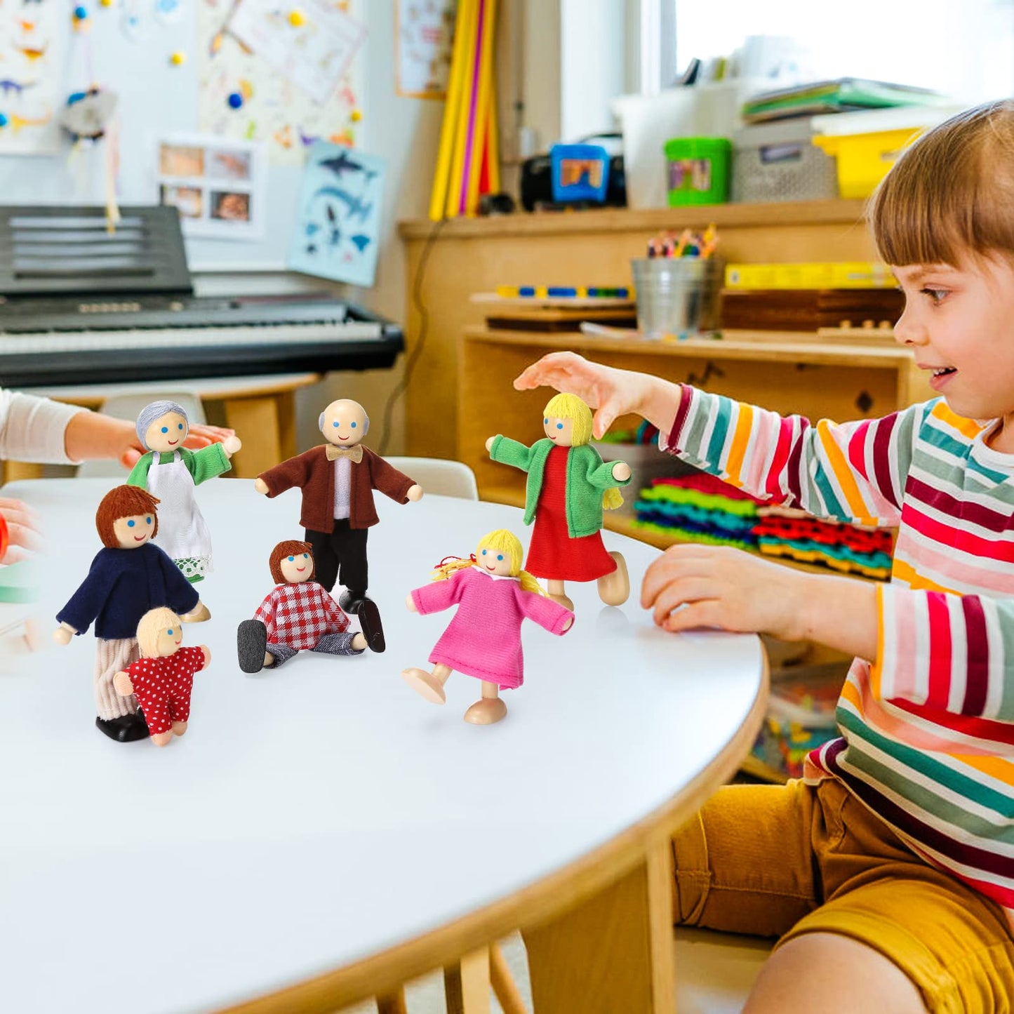 Jzszera Wooden Dollhouse Family Set Of 7, Mini Figures For Pretend Play, Classic Doll House Accessories For Kids & Toddlers