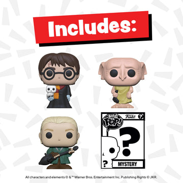 Funko Bitty POP! HP - Harry in Robe with Scarf, 4-Pack - Harry Potter, Draco Malfoy, Dobby and A Surprise Mystery Mini Figure -