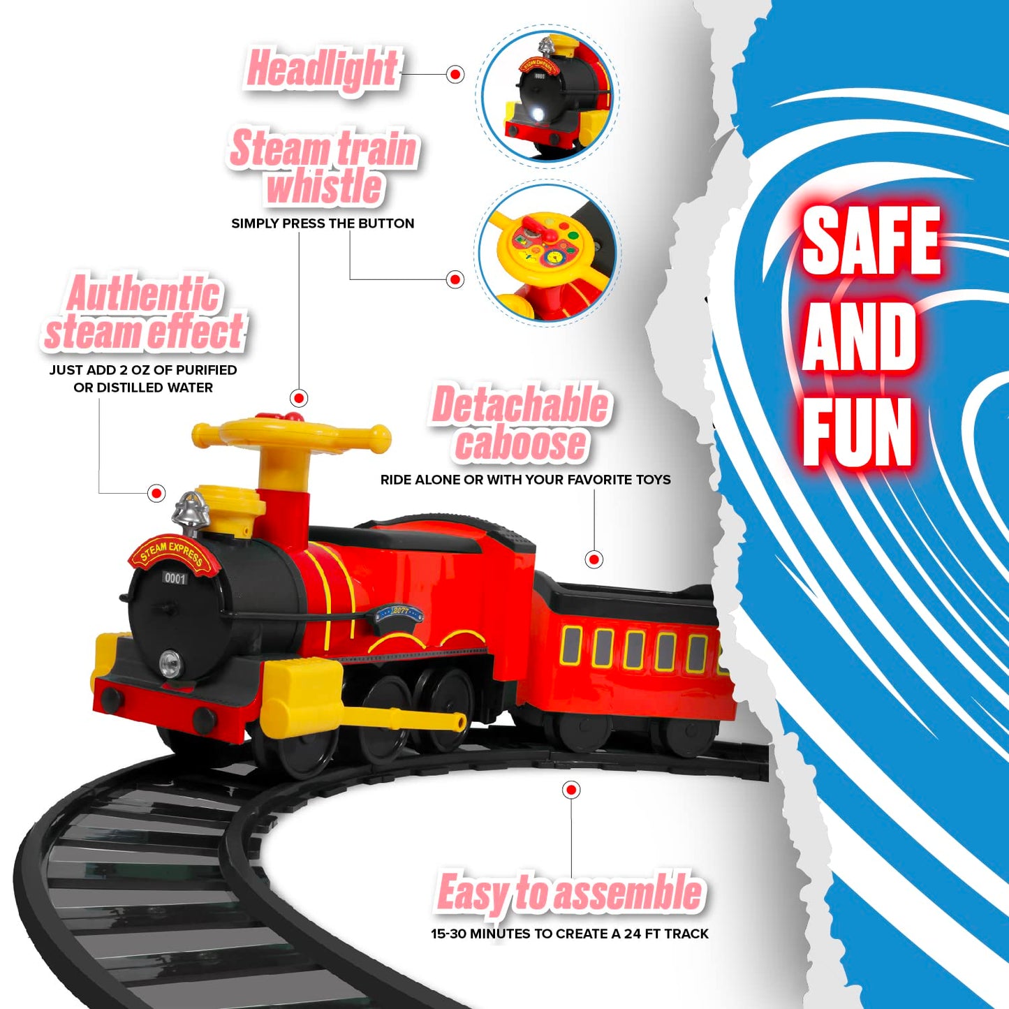 Rollplay Electric Train Ride On for Kids with Real Steam, 22 Track Pieces, Working Headlights, Model 7721AC, Red