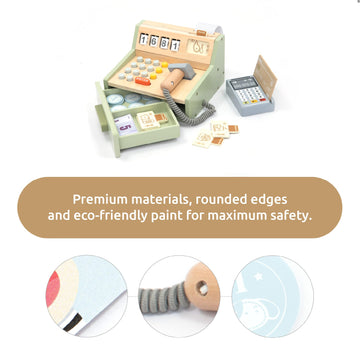 Umu Wooden Cash Register For Kids - Includes Accessories (Scanner, Payment Terminal, Play Money, Etc.), Role Play Shop & Accesso