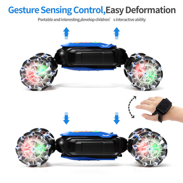 Aiqi Remote Control Car,2.4GHz 4WD Gesture Sensing RC Stunt Car with Cool Music and Light,Double-Sided Rotating 360 Flips Car To