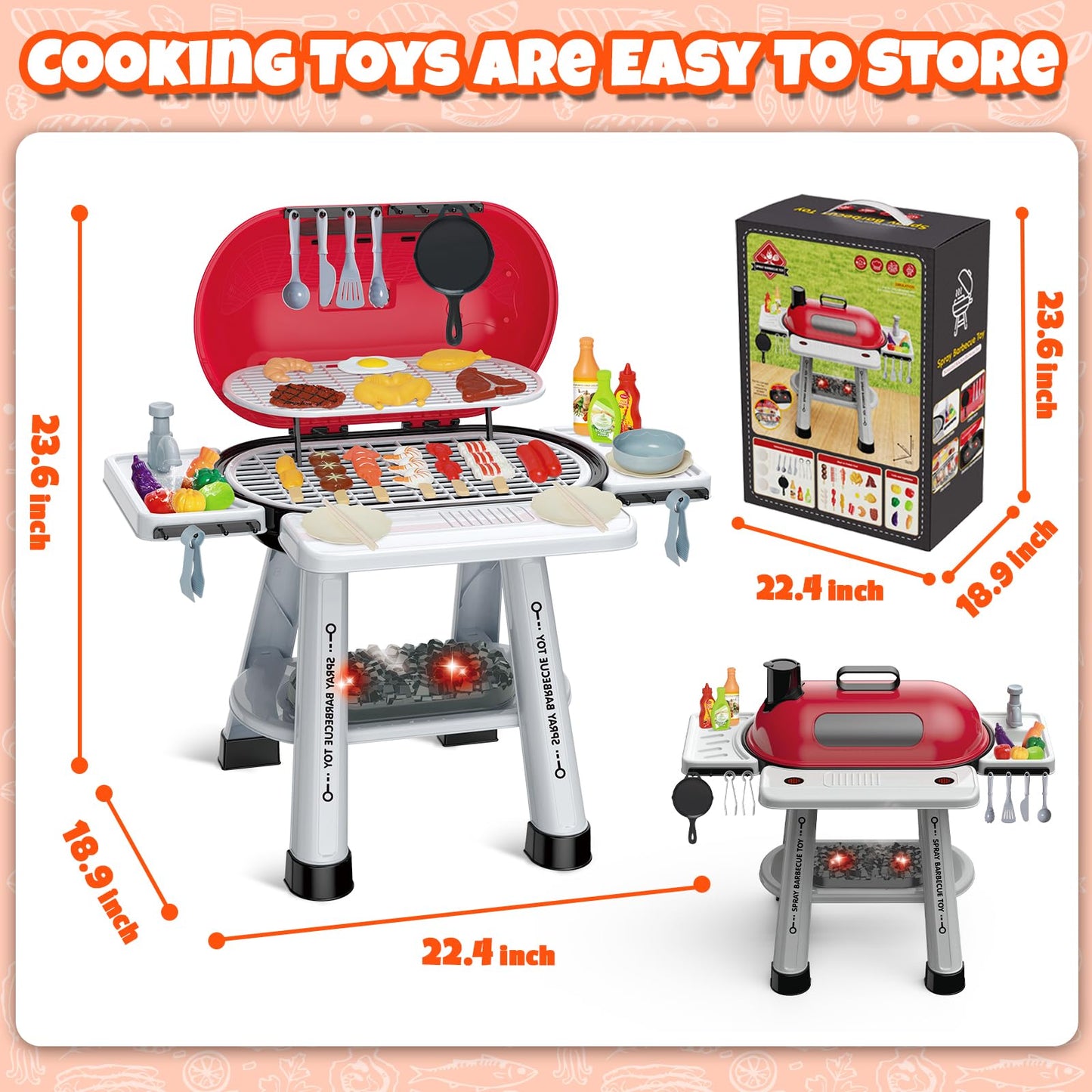 68 Pcs Toy Bbq Grill Set For Kids, With Light, Sound & Play Food, Kids Grill Playset Kitchen Toys Set, Birthday Gifts For 2-6 Ye