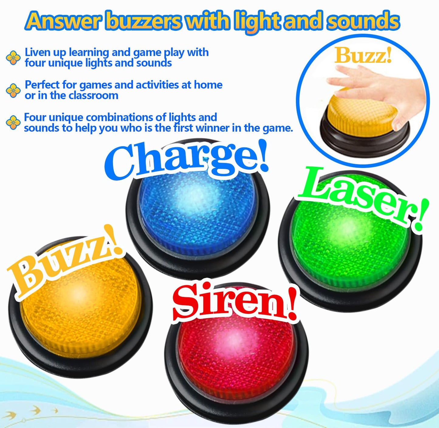 4-Pack Buzzers For Trivia Games: Game Show Buzzers Buttons, Answer Buzzers For Classroom, Game Buzzers With Lights And Sound Gre