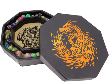 Fantasydice-Chromatic Dragon -with Roll or Die Artwork Dice Tray - 8'' Octagon with Lid and Dice Staging Area- Holds 5 Sets of D
