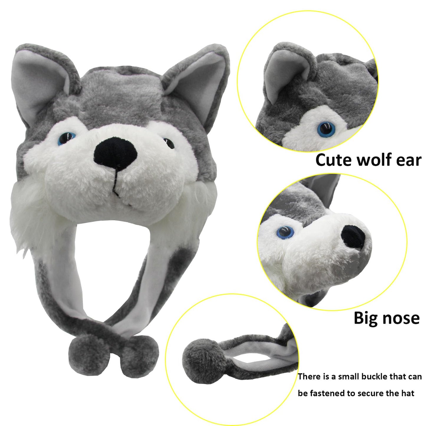 GADMEXILY Plush Husky Animal Hat for Halloween Christmas,Cozy Funny Hats Novelty Party Cap for Kids Girls Boys - One Size (Husky