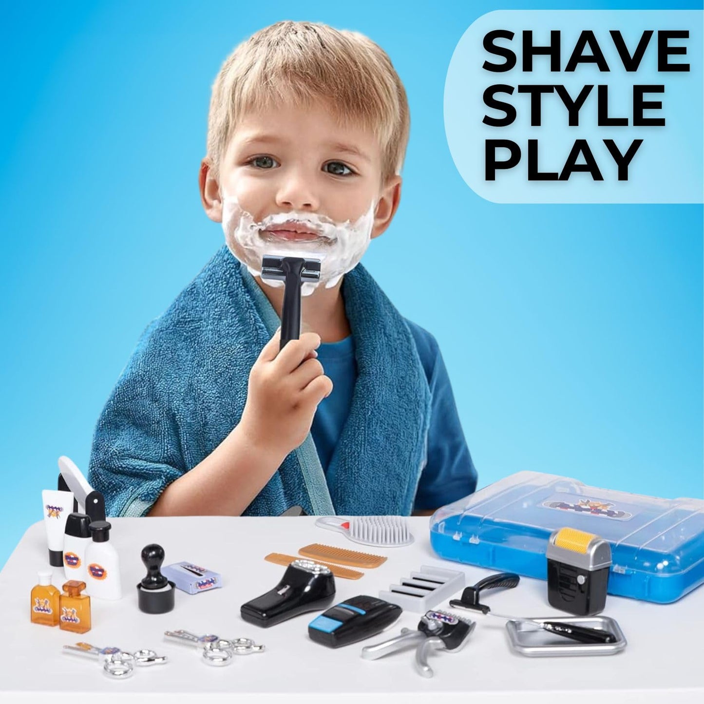 24 Pcs Barber Shop Pretend Play Toy - My First Shaving And Grooming Haircut Kit Toddler Role Play Set With Styling Accessories &
