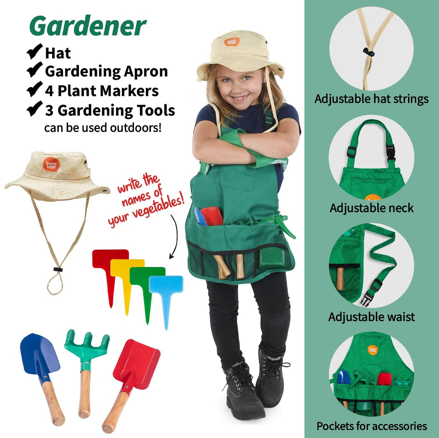 Born Toys Kids Dress Up Costumes For Toddlers - Washable Play Outfits For Boys & Girls, Ages 3-7 (Worker, Chef, Gardener)
