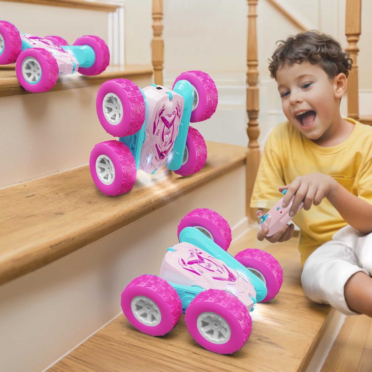 Remote Control Car for Girls, RC Cars with Headlights Double-Sided Driving 360 Flips Rotating for Kids Ages 4-7 8-12 Year Old, R