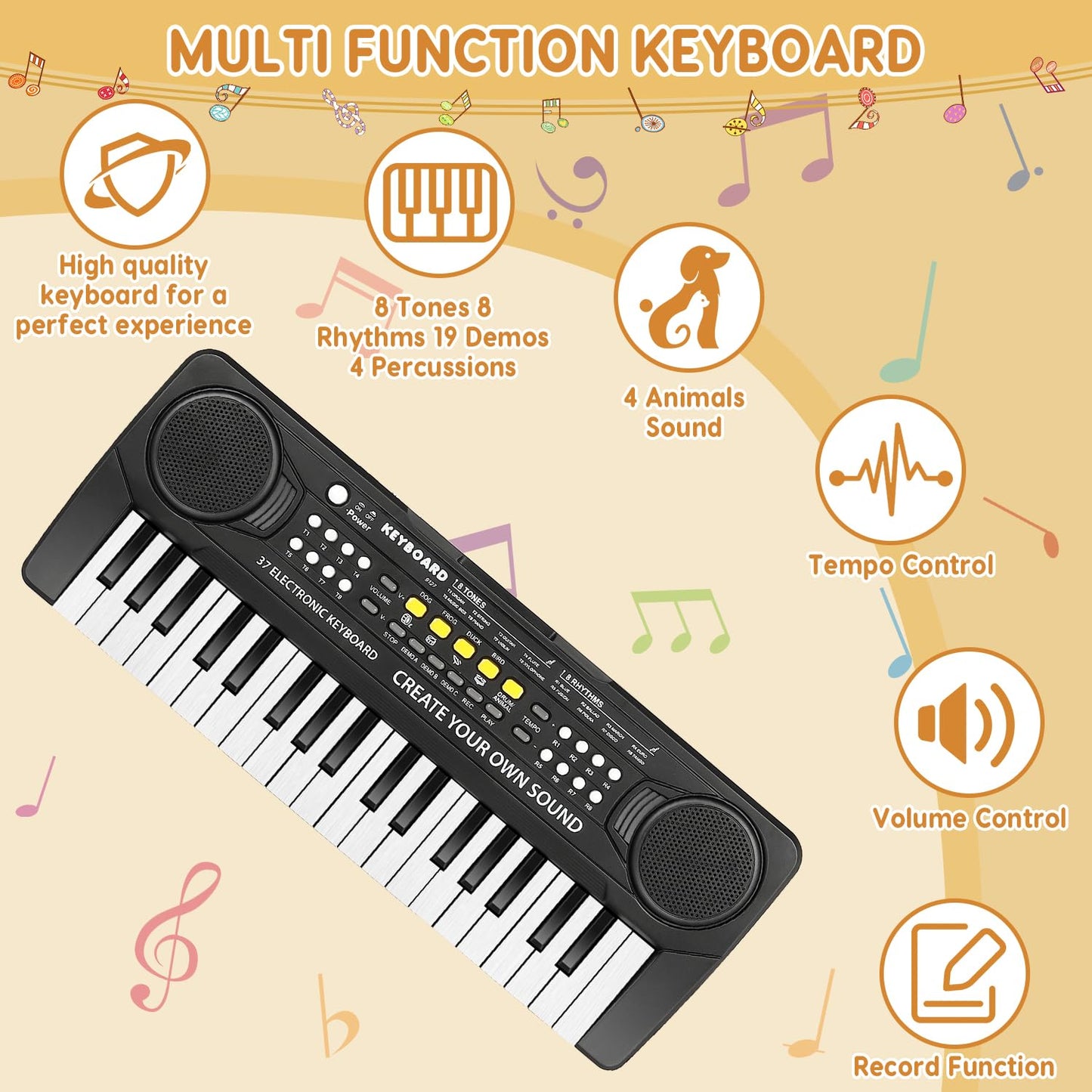 Kids Keyboard Piano - 37 Keys Piano Toys For Kids 3+ Year Old Beginners, Portable Electronic Piano With Microphone Educational Musical Toy For 3 4 5 6 7 8 Year Old Boys Girls Gifts
