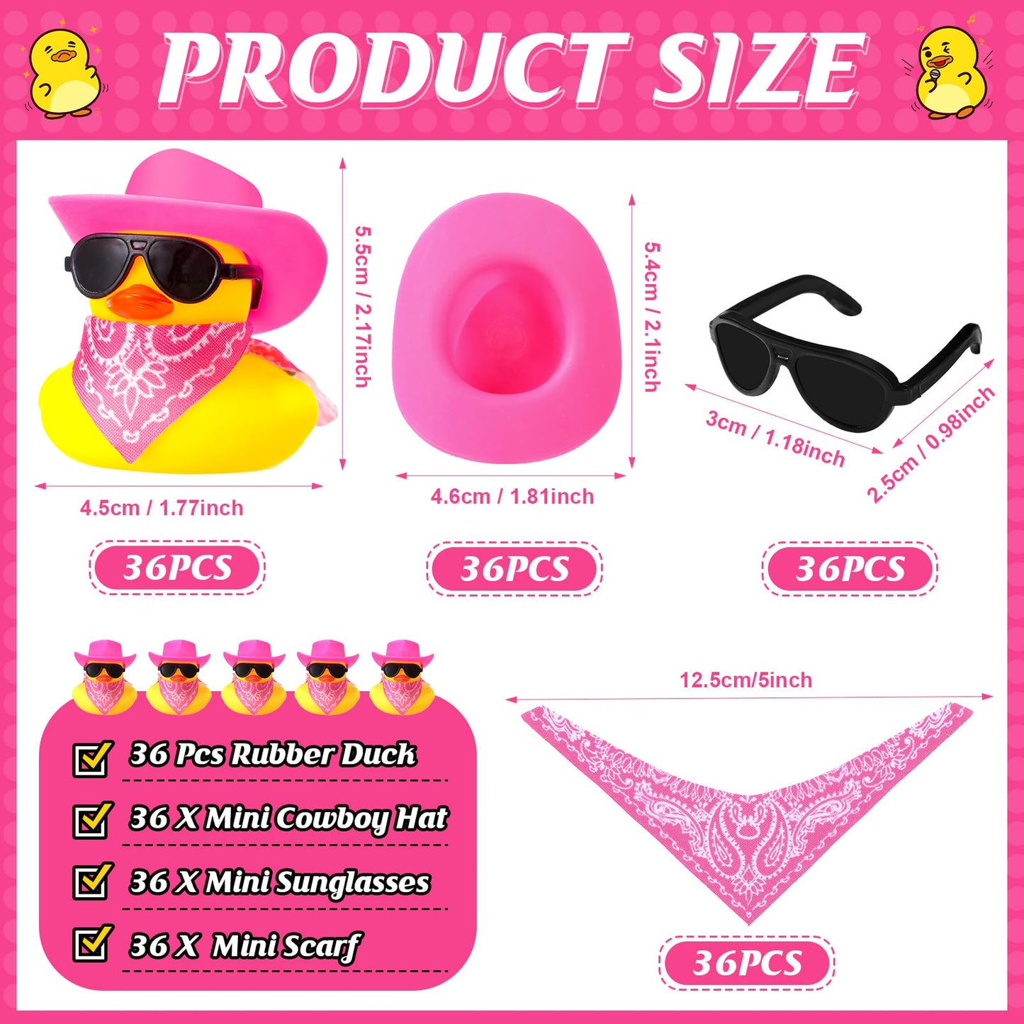 36 Set Cowboy Rubber Duck Mini Yellow Duckies Bath Party Toy Tiny Ducks Bathtub Toy With Cowboy Hat Paisley Bandanas Sunglasses For Summer Baby Shower Birthday Swimming Party (Bright Style)