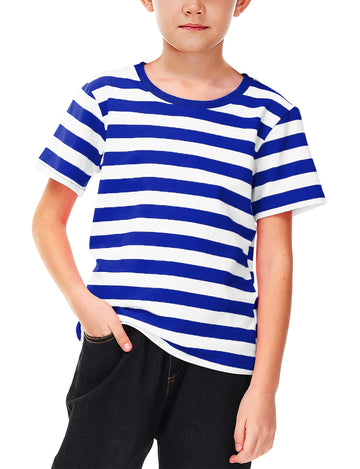 Boys Halloween Prisoner Costume Girl Blue White Striped Shirt Short Sleeve Summer Basic Tee Top 5-6 Years