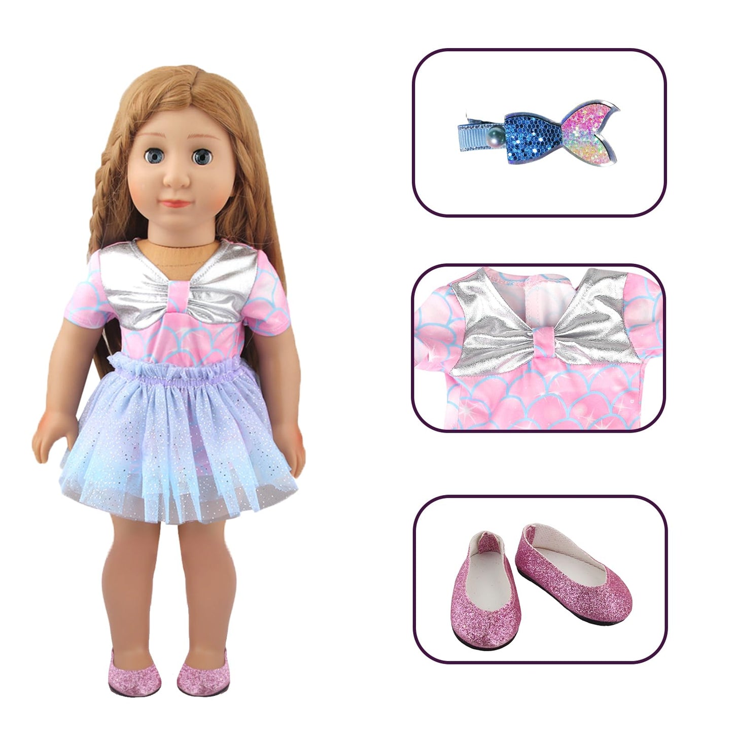 Augfrog 23 Pcs Purple Mermaid Themed Playset For 18 Inch Girl Dolls, American Doll Travel Accessories, Includes Doll Luggage Clo