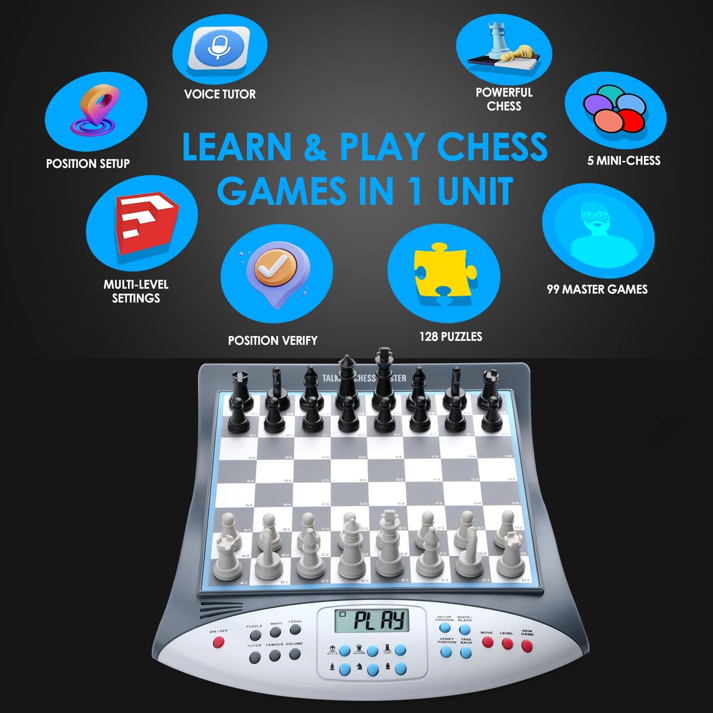 LEVEROAM Electronic Chess Set with Voice Teaching, Magnetic Board for Beginners & Advanced Players, Grey/White