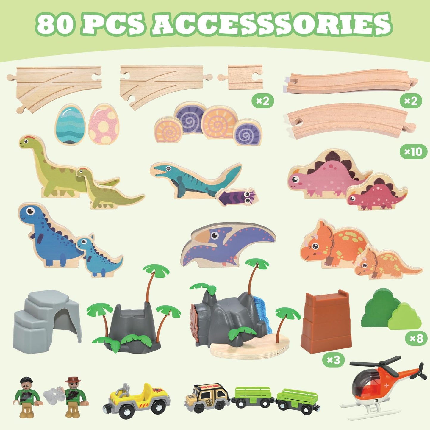 Woodenedu 80Pcs Wooden Train Set, Dinosaur Wooden Train Track Set, Wood Toy Train Set For Toddlers 2-4, Train Toys For Toddlers