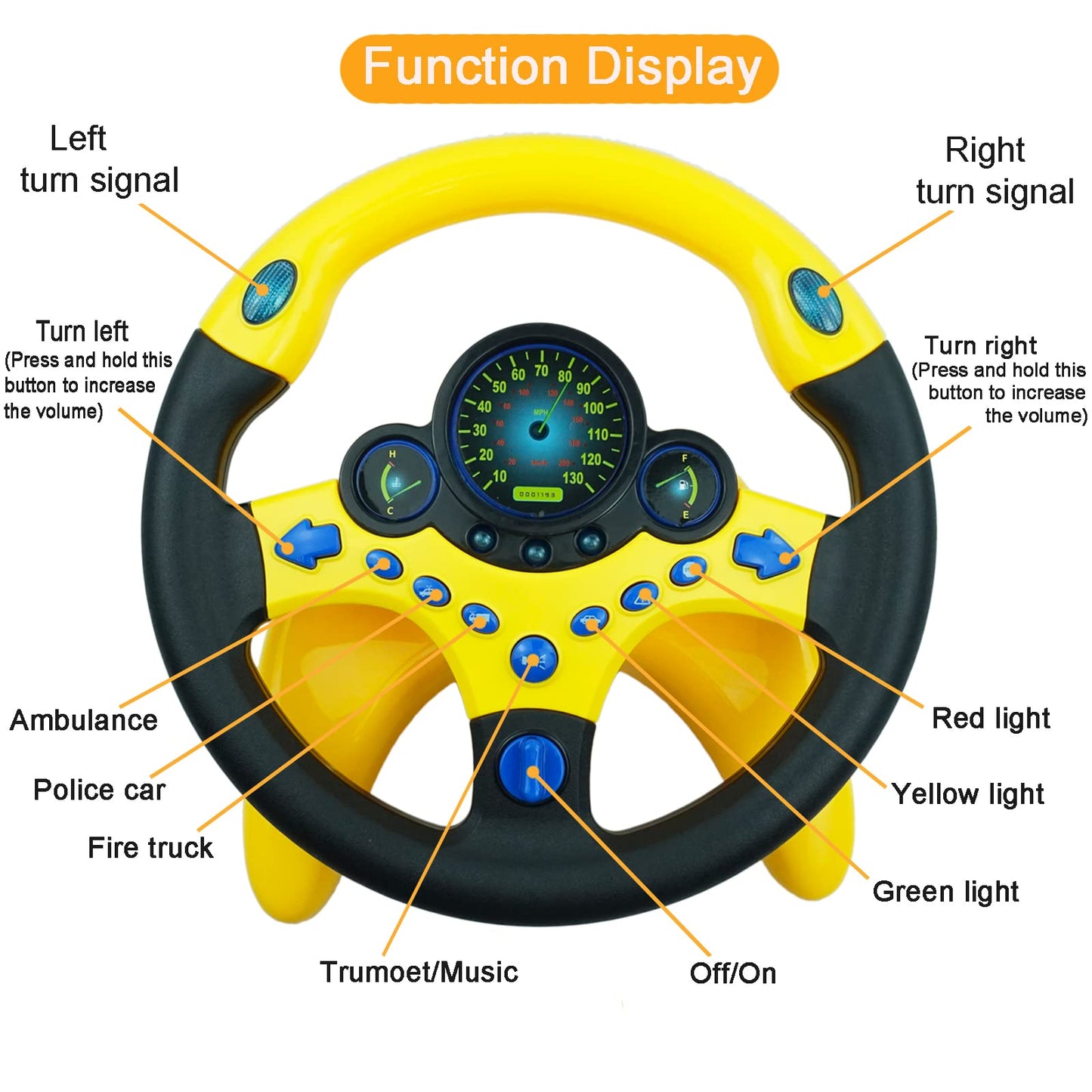 Redcrab Steering Wheel Car Driving Simulated Toy With Light And Music For Kids, Pretend Driving Seat Toys,Baby Electric Early Learning Educational Toys For Boys And Girls(Yellow)
