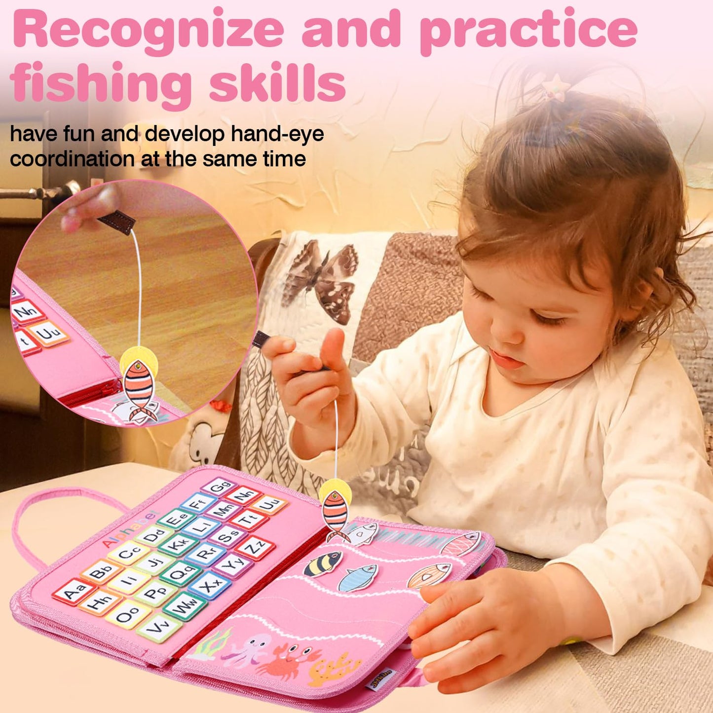 Jhkim Busy Board For Toddlers 1-4, Sensory Board Travel Toys Gifts For 1 2 3 4 Year Old Girls Boys, Montessori Toys To Learn Fine Motor Skills, Educational Activities Busy Book For Airplane Car (Pink)
