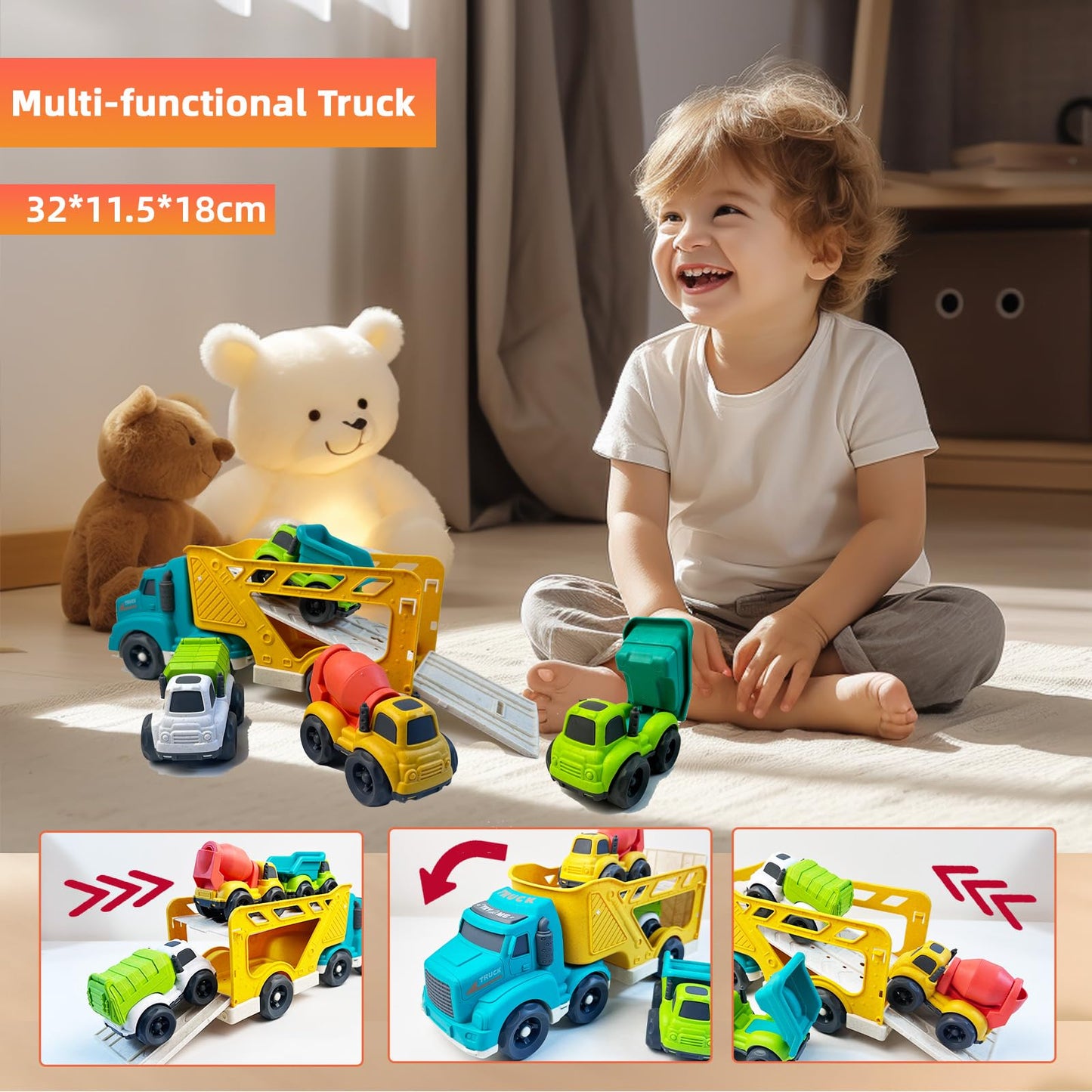 Aigitoy 4 in 1 Toddlers Truck Toys for 1 2 3 4 Year Old, Truck Toy Set Includes Dump Truck, Garbage Truck, Mixer Cement, No BPA,