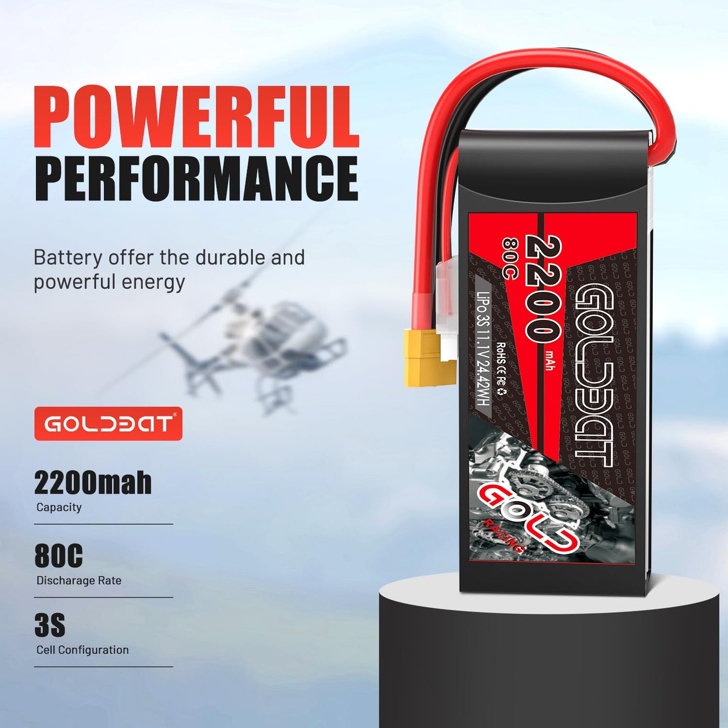 Goldbat 3S 11.1V Lipo Battery 2200Mah 80C Xt60 Connector 3S Short Pack Battery For Rc Car Vehicles Rc Boat Drone Airplane Quadco