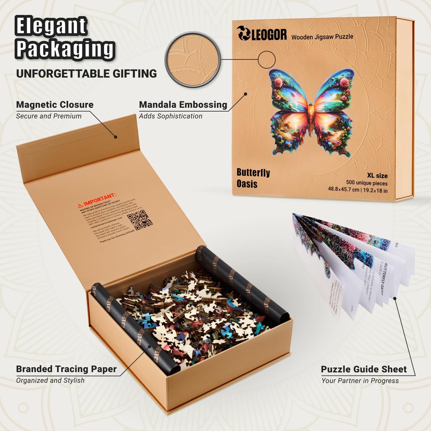 Wooden Puzzles For Adults 500 Piece – Butterfly Puzzle – Extra-Thick 5Mm Wood Jigsaw Puzzle, Challenging Puzzle By Leogor, Xl Size 19.2' X 18'