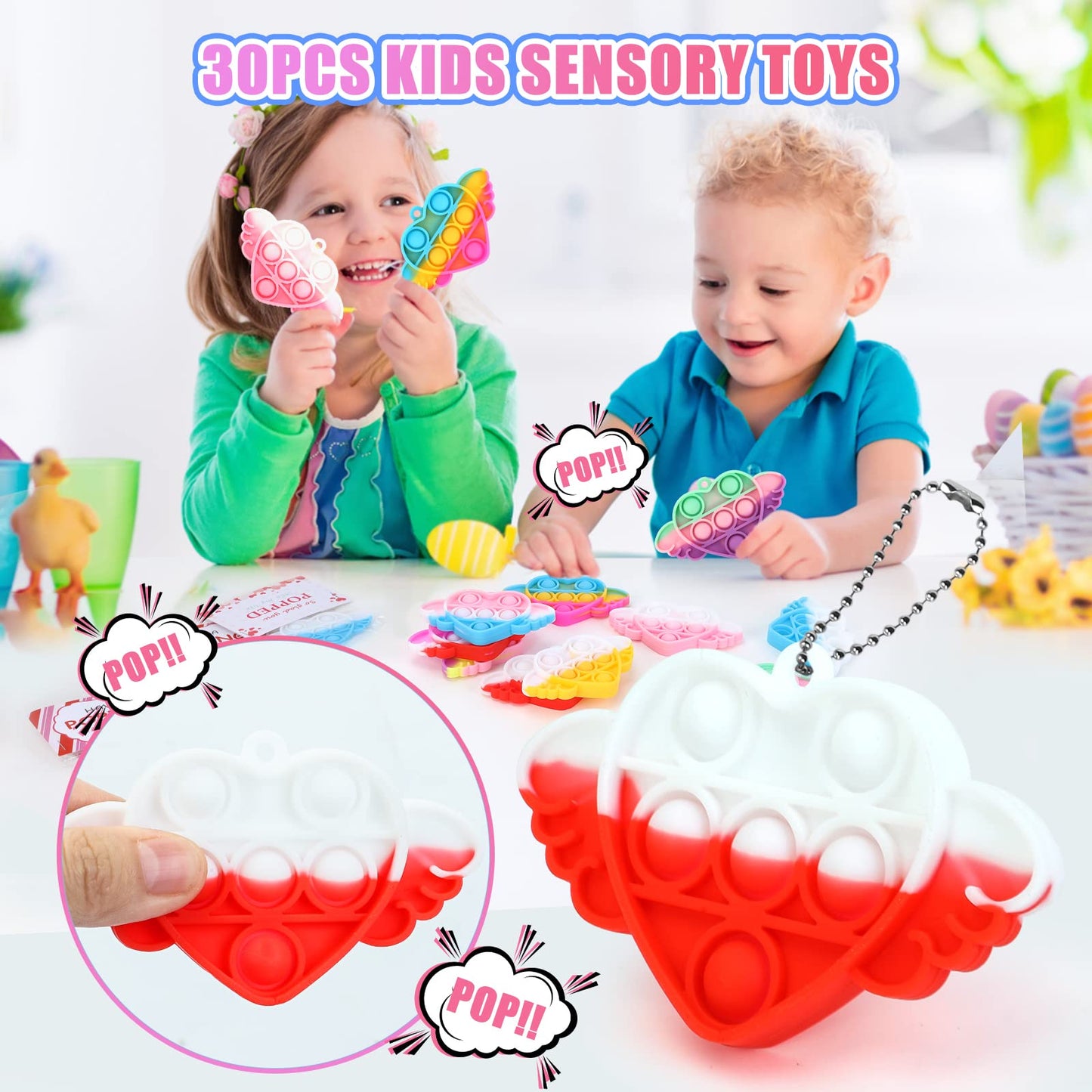 Valentines Day Gifts For Kids, 30 Pack Valentines Day Cards For Kids With Mini Heart Pop Fidget Toys For Boys Girls, Valentines