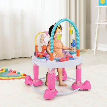 INFANS Baby Bouncer Activity Center - 5-in-1 Toddler Play Mat, 360° Rotating Seat, Adjustable Height, Foldable, Pink