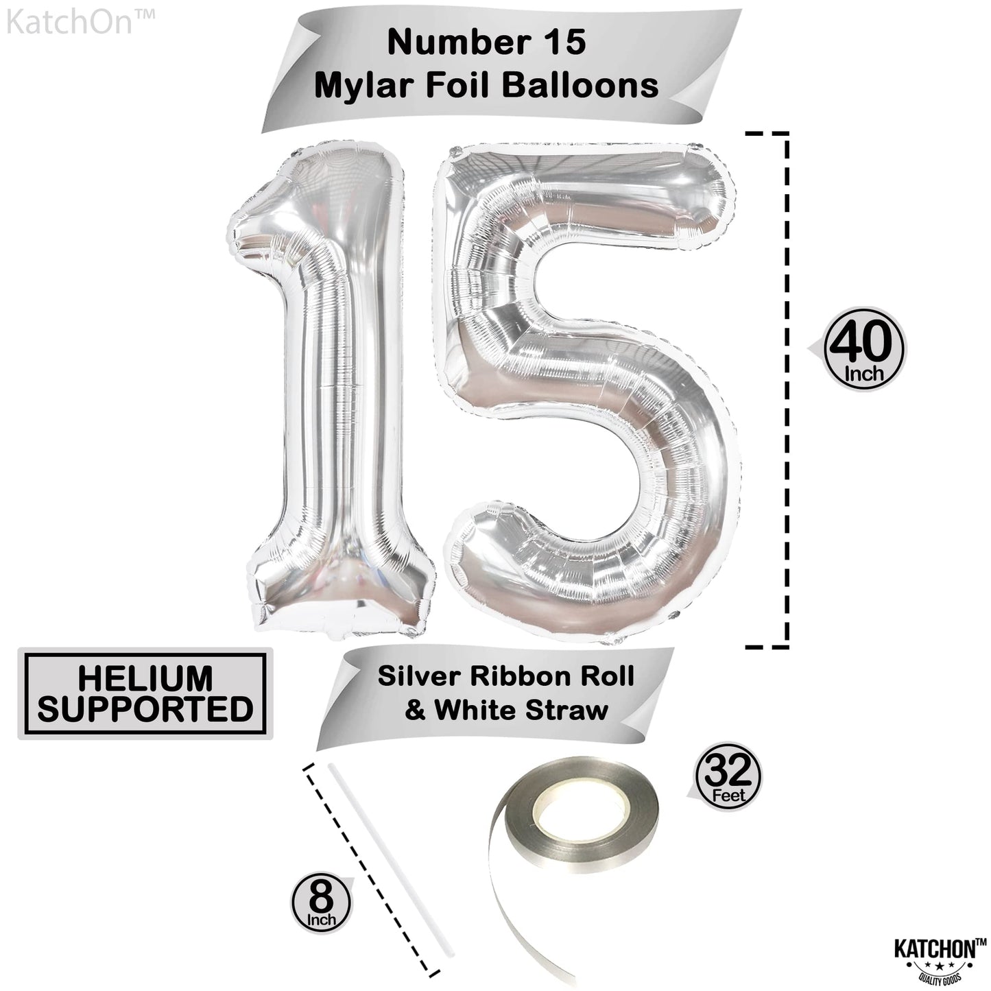 Giant, Silver 15 Balloons Number - 40 Inch | Number 15 Balloons, Happy 15Th Birthday Decorations For Girls | Silver 15 Number Balloon, 15 Birthday Decorations Boy | 15Th Birthday Decorations For Boys