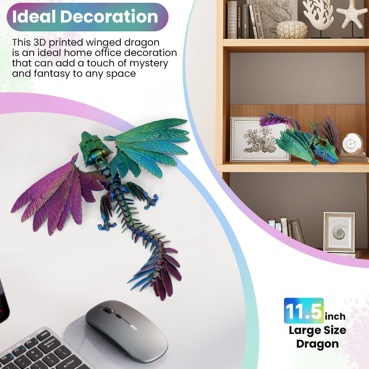 Shuwnd 3D Printed Dragon With Wings, Feathered Wyvern Dragon,Full Articulated Crystal Flying Dragon,Realistic Large Pet Dragon, Flexible Shoulder Dragon Stuff 3D Printed Animals Toy (Yellow Green Red)