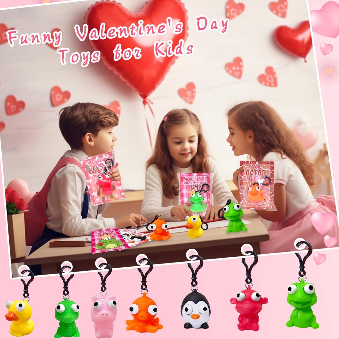Valentines Day Gifts for Kids 28 Pack Valentines Cards with Squeeze Animals with Popping Eyes Keychains Bulk, Sensory Fidget Toy