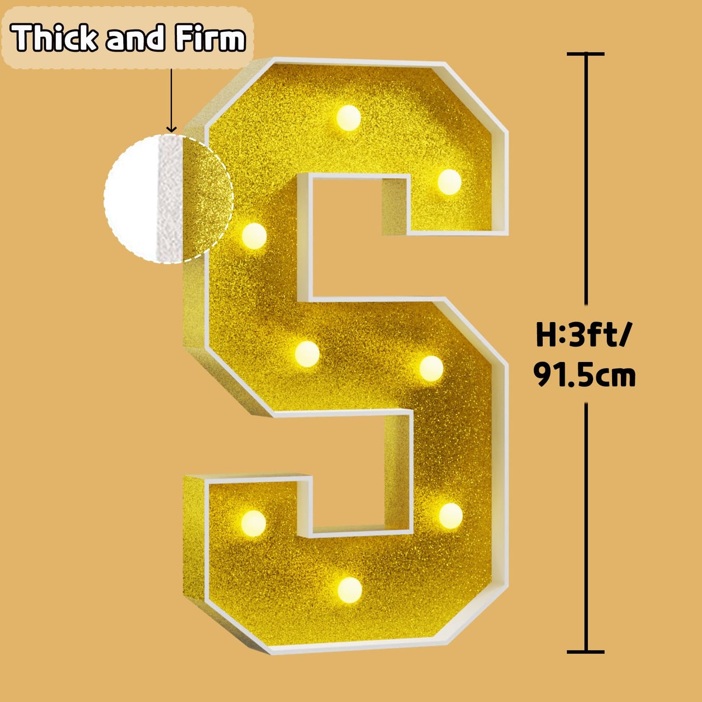 Imprsv Marquee Letters Gold 3Ft: Golden Party Decor - Light Up Letter S Large 3 Feet Tall - Party Decorations Letter For Birthda