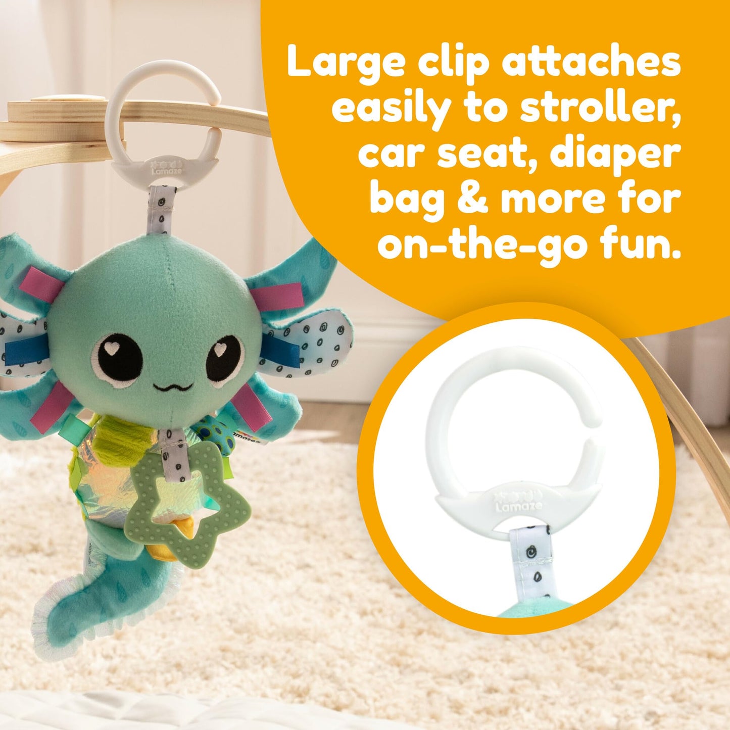 Lamaze Clip On Car Seat And Stroller Toy - Alise The Axolotl - Crinkle Car Seat Toys And Stroller Toys - Sensory Toys For Babies - Travel Toys For Car - Infant Toys Ages 0 Months And Up