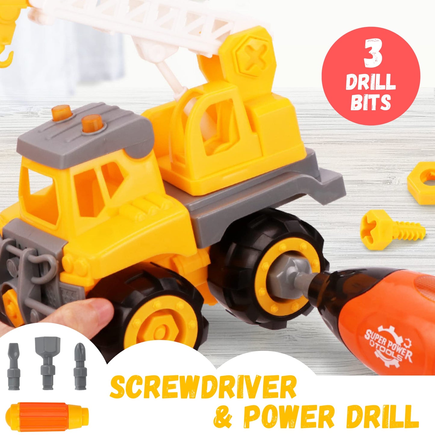 Cement Mixer Toy Truck for 3 + Years Old Kids Take Apart Toy with Screwdriver and Electric Drill Kids Construction Vehicle Toy E