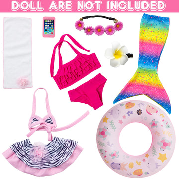 Unicorn Element 10 Pcs 18 Inch Doll Clothes And Accessories Set Including Colorful Mermaid Swimsuits, Mobile Phone, Hairpin, Swimming Circle For 18 Inch Girl Dolls