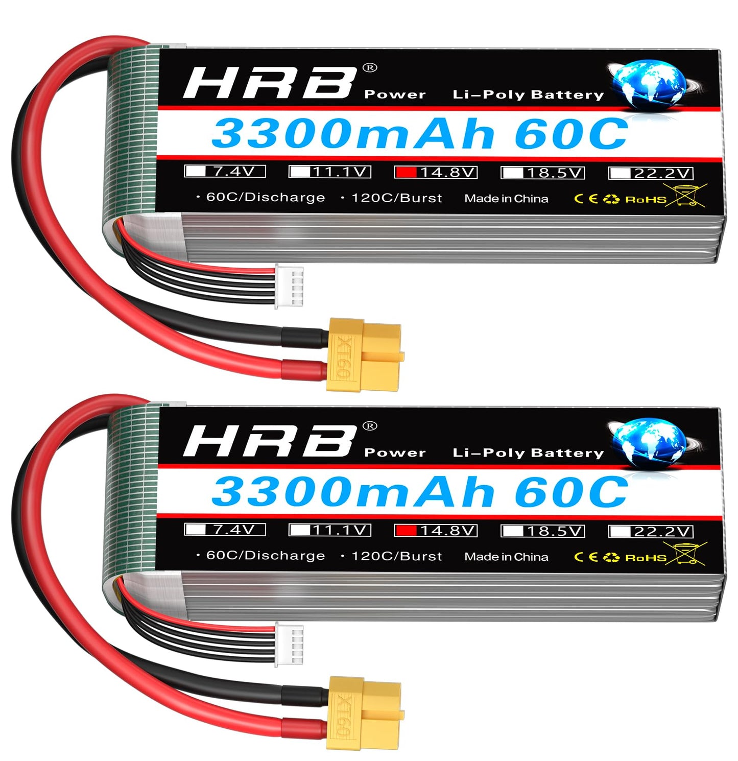 HRB 2 Packs 4S 3300mAh 14.8V Lipo RC Battery 60C Pack with XT60 Plug Compatible with RC Airplane RC Helicopter RC Car RC Truck R