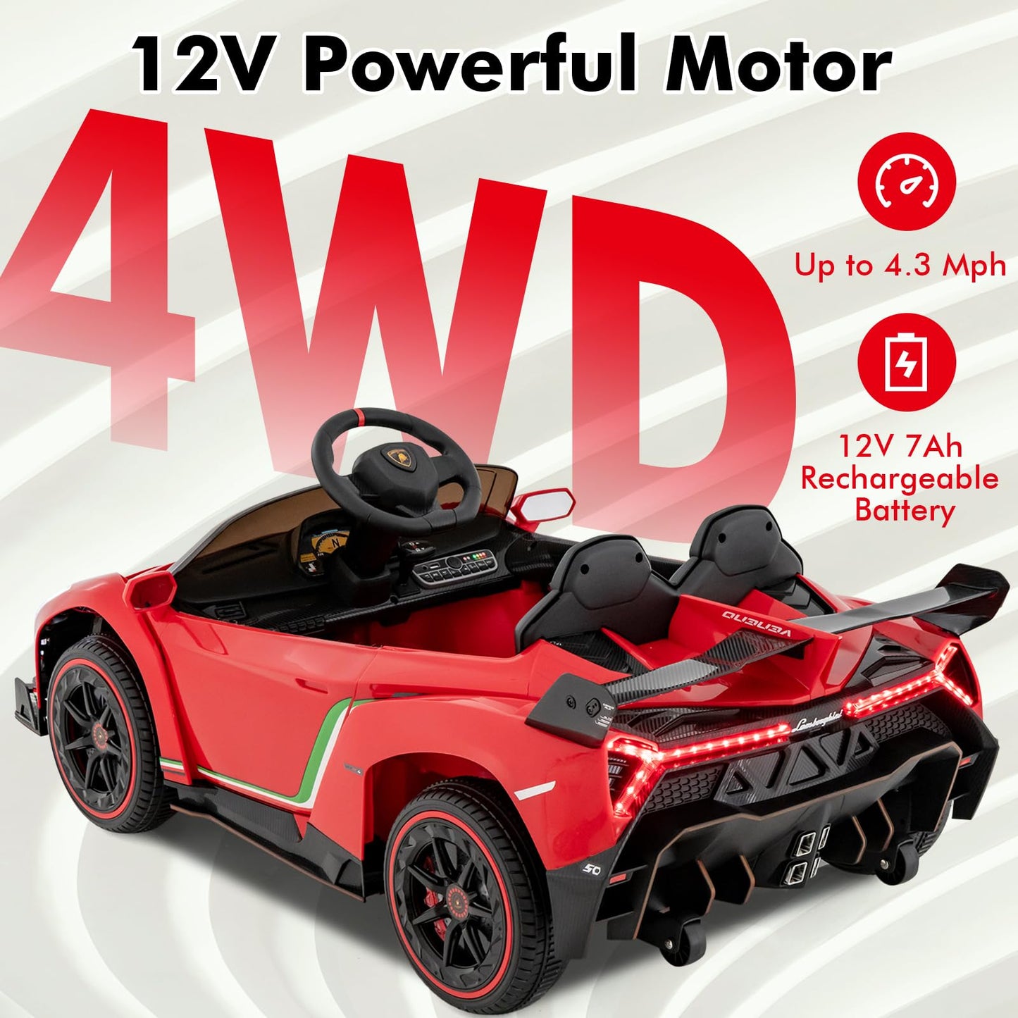 INFANS 2 Seater Kids Ride on Car, 12V 4WD Licensed Lamborghini Veneno Powered Electric Vehicle with Hydraulic Doors, Rocking Mod