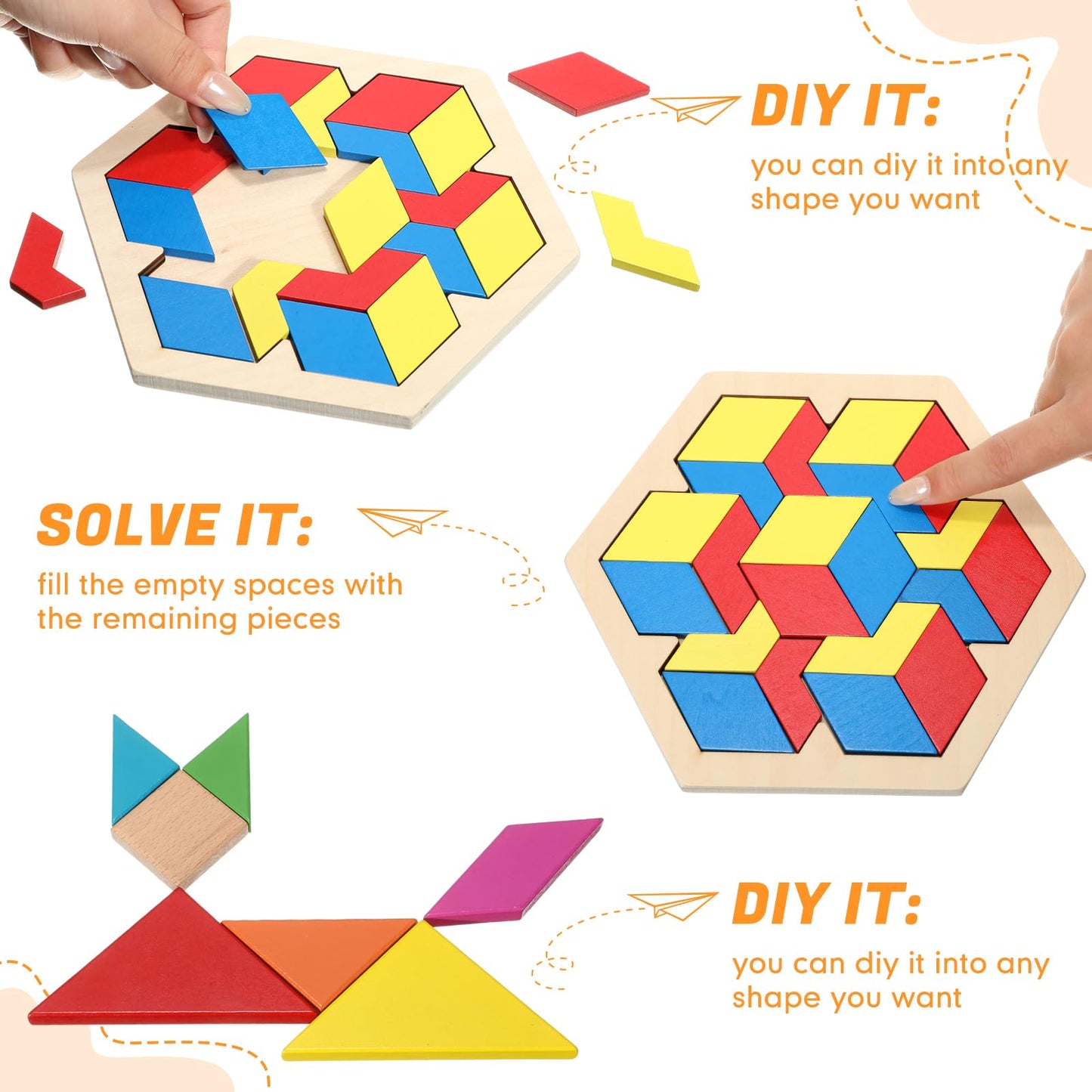 Jerify 8 Pack Wooden Hexagon Puzzles Children Educational Puzzle Blocks Shape Pattern Block Geometric Tangram Jigsaw For Kids Ad