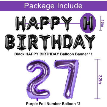 Naninuneno 27Th Birthday Decorations Set For Girl Women Boy Men, Purple Black 27 Happy Birthday Balloons Supplies With Purple Nu