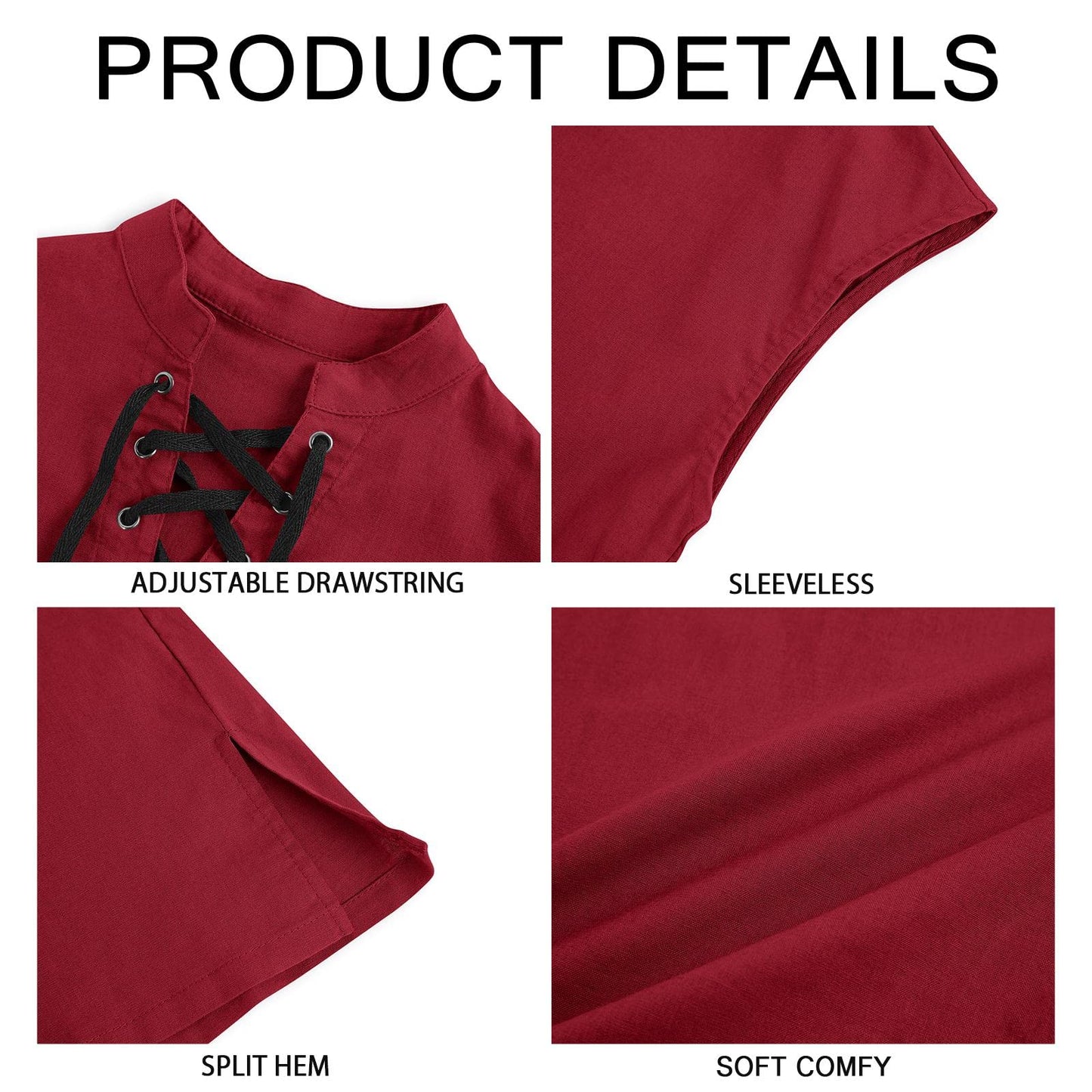 Boys Renaissance Pirate T Shirts Viking Medieval Sleeveless Lace Up Costume Scottish Cotton Tank Tops Red