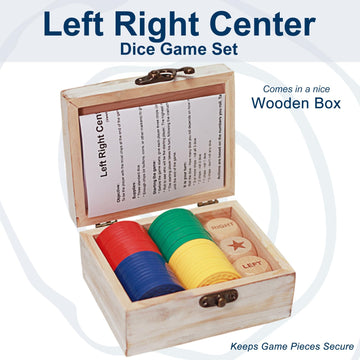 Left Right Center Dice Game Set, 3 1-Inch Wood Dice And 48 Thicker Chips In Wooden Storage Box, Portable Travel Dice Games For F