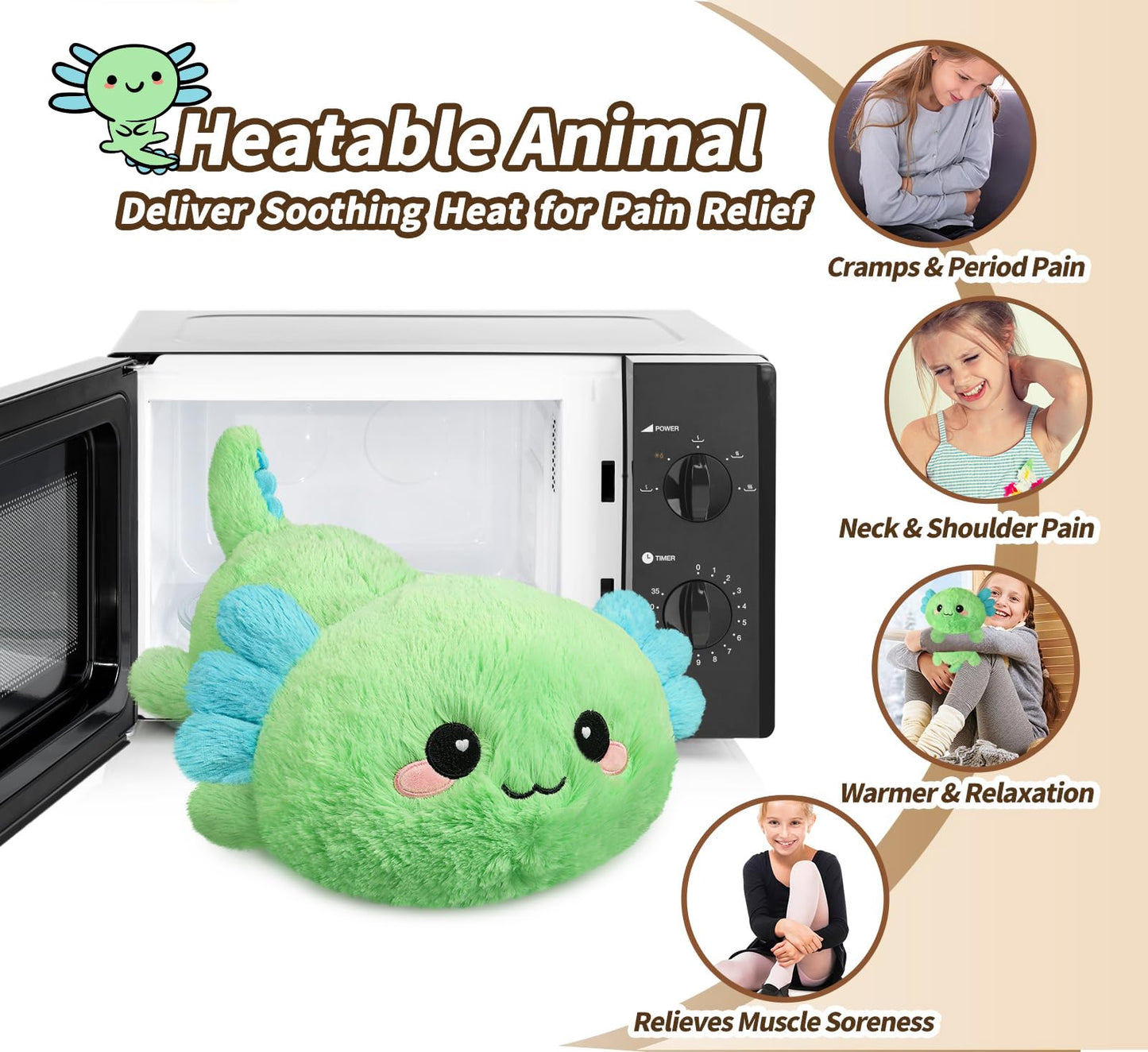 Cuckool Mint Axolotl Stuffed Animals, Microwavable Stuffed Animals Heating Pad For Cramps, Pain Stress Relief, Heatable & Coolab